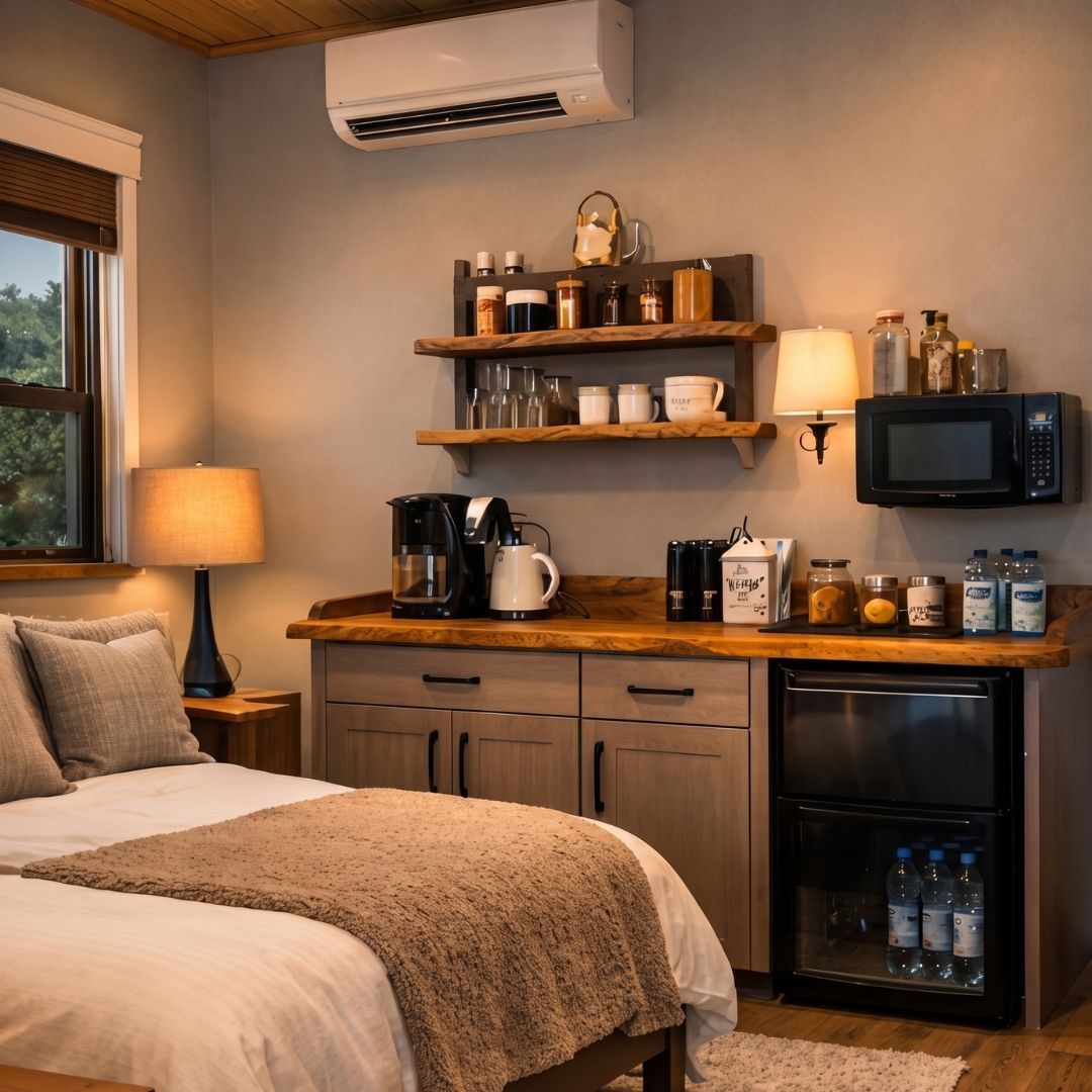 Interior of a Simple Stay studio cabin with coffee bar