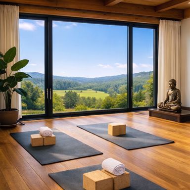 Meditation room with yoga mats and a view of the hills
